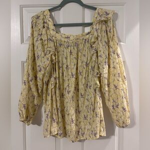 Chaps Yellow Floral Ruffled Top with Purple Floral Design (Peasant style)